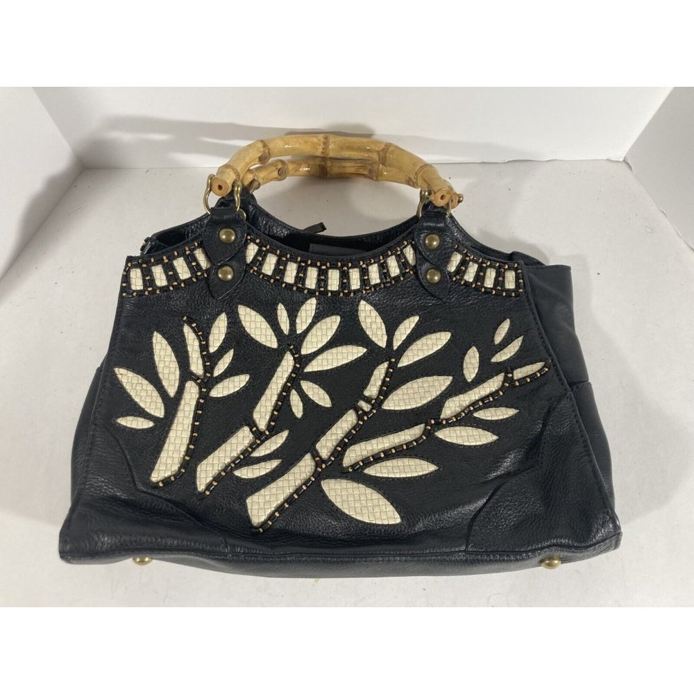 Isabella Fiore Black Beaded & Woven Leather Clutch Handbag With Wooden Handles